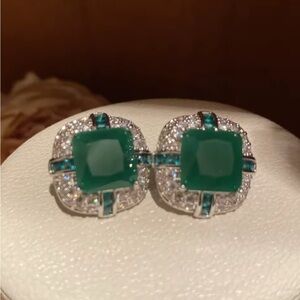 Large Sterling Silver Lab-Created Emerald Earring Stud